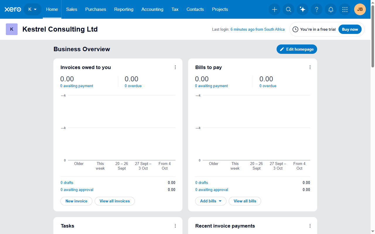Xero's standard blue top bar on the Kestrel Consulting Ltd home page.