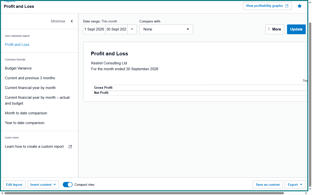 A Xero Profit and Loss report scrolled down, with a teal frame around the whole window.